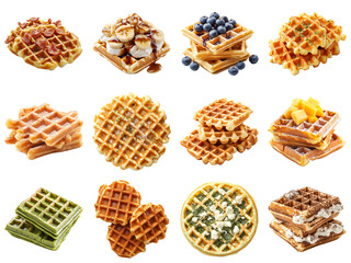 Delicious Variety of Waffles Featuring Toppings Like Fruits, Syrups, and Cream for Breakfast and Dessert Treats in Various Styles and Shapes. Piquant food set.