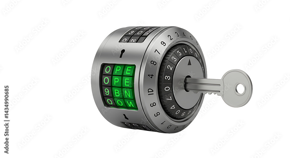 Poster a close up of a combination lock with a key inserted and the word open in green letters
