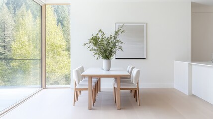 Modern Dining Table Greenery and Artwork Minimalist Style Bright Natural Lighting Wide Shot Light Wood Textures Peaceful Setting Forest View Neutral Calming Tones Interior Design Inspiration