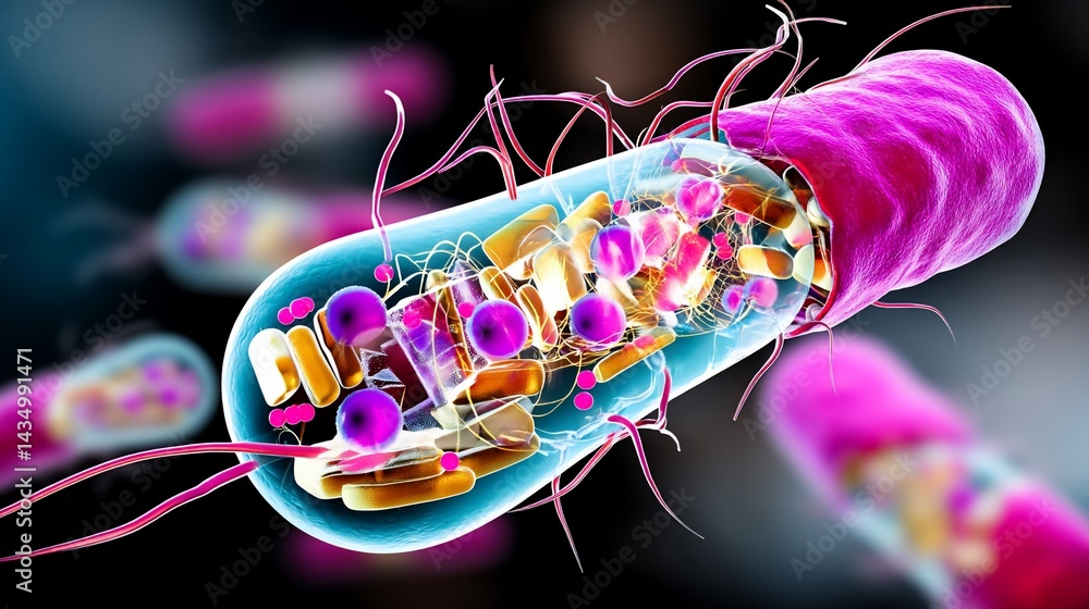 Poster 3d rendering of bacteria cell, displaying internal structures