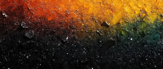 Colorful rainbow gradient background with vibrant orange, yellow, green, and black hues, showcasing textured surface with rocky elements and sense of depth and movement