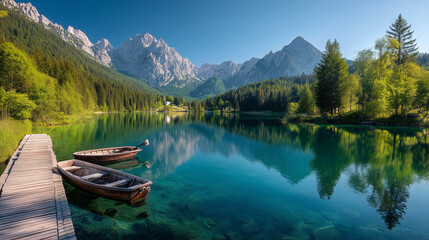 Colorful summer view of Fusine lake. Bright morning scene of Julian Alps with Mangart peak on background, Province of Udine, Italy, Europe. Traveling concept background