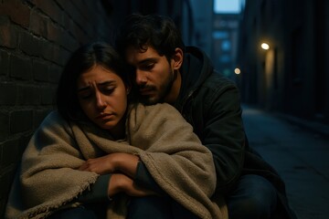 Obraz premium Homeless Couple at Night – Finding Comfort in Each Other