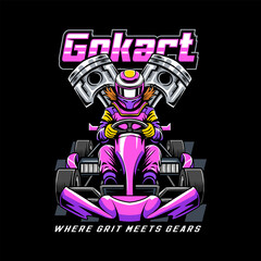 Kart sport racing, pink color with a woman driver and two pistons cartoon illustration for poster, t-shirt print, business element, social media content, blog, sticker, vlog, and card