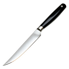 thin fillet knife with a flexible stainless steel blade and black rubberized grip, isolated on a transparent