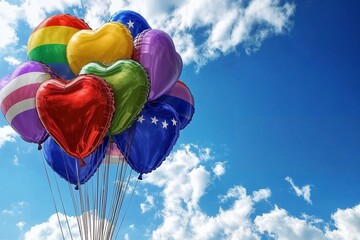 Heart-shaped balloons with LGBTQIA+ pride colors floating in the blue sky — celebration of diversity, love, and freedom.