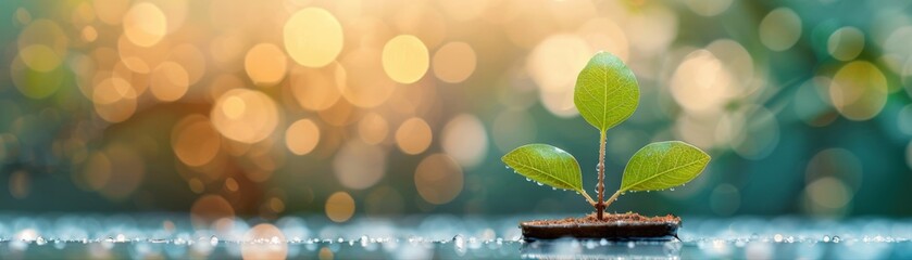 A young plant emerges from soil, surrounded by shimmering droplets and a soft, blurred background of warm colors, symbolizing growth and renewal.
