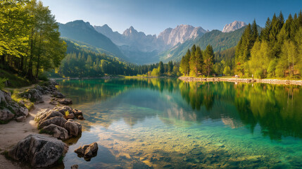 Colorful summer view of Fusine lake. Bright morning scene of Julian Alps with Mangart peak on background, Province of Udine, Italy, Europe. Traveling concept background
