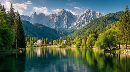 Colorful summer view of Fusine lake. Bright morning scene of Julian Alps with Mangart peak on background, Province of Udine, Italy, Europe. Traveling concept background