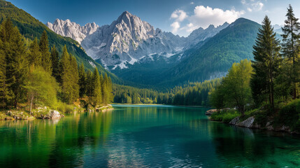 Colorful summer view of Fusine lake. Bright morning scene of Julian Alps with Mangart peak on background, Province of Udine, Italy, Europe. Traveling concept background