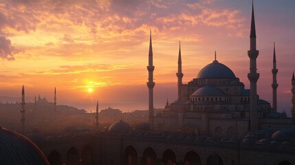 Sunrise over a historic mosque