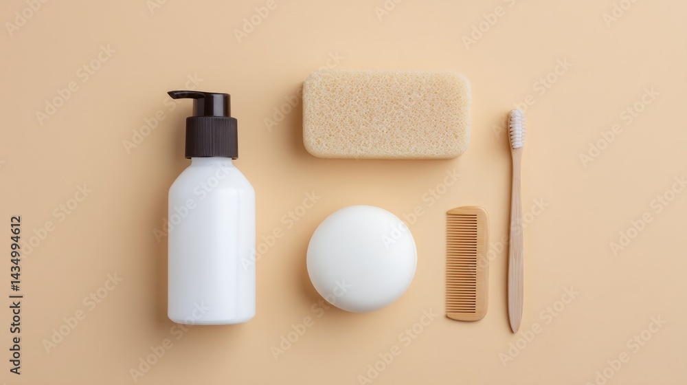 Poster minimalistic image of everyday essentials like toothbrush comb and hand soap neatly aligned with amp