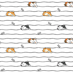 Seamless Pattern with Cartoon Cat Sleeping and Wavy Line Design on White Background. Hand Drawn Vector Illustration.
