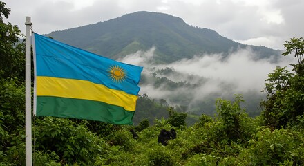 Rwanda's flag waving proudly, nestled among rolling hills and misty landscapes
