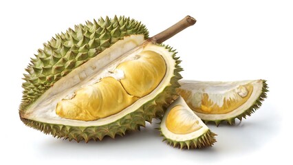 Obraz premium A hyper realistic durian on a white background. The durian is depicted in vivid detail with natural textures, realistic color tones, and subtle imperfections