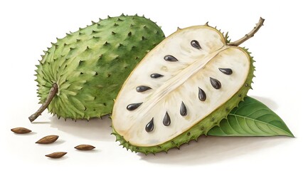 A hyper realistic soursop on a white background. The soursop is depicted in vivid detail with natural textures, realistic color tones, and subtle imperfections