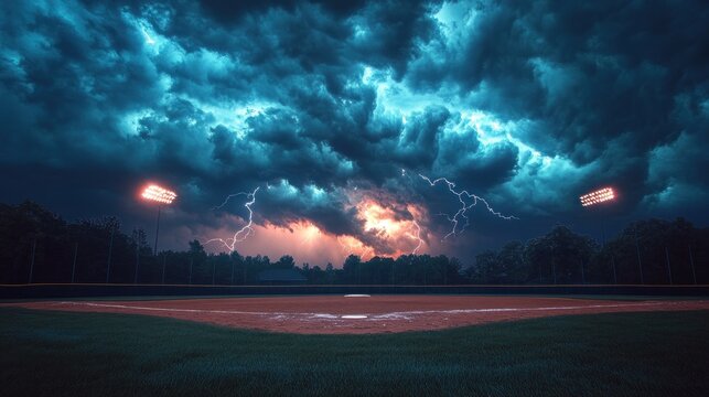 baseball diamond under dramatic stormy sky with lightning strikes illuminates the scene creating a sense of anticipation and power