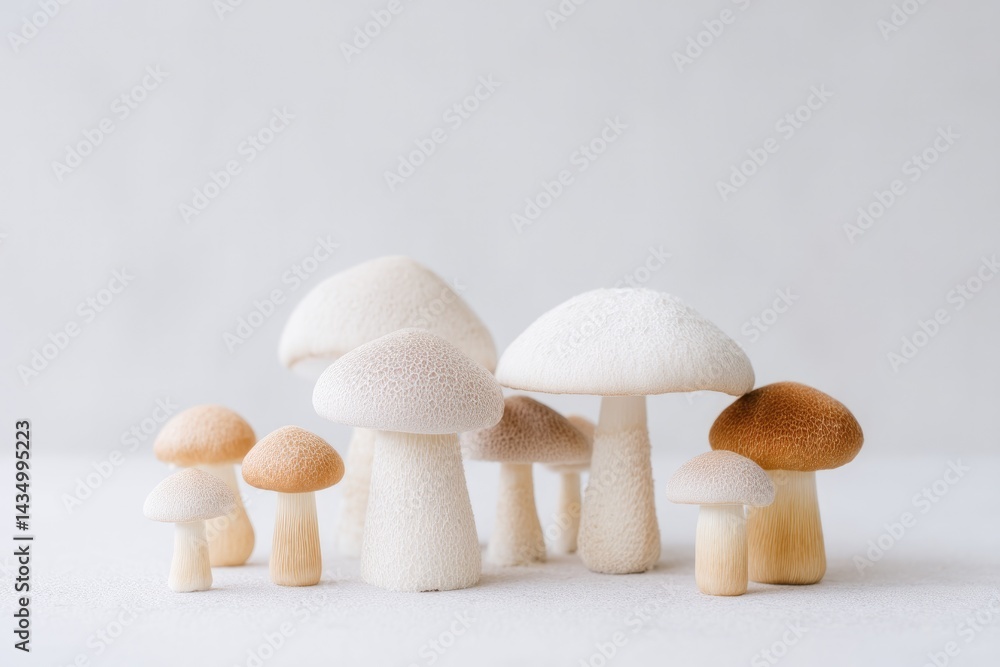 Poster minimalistic mushrooms of various types on simple clean background showcasing organic texture patter