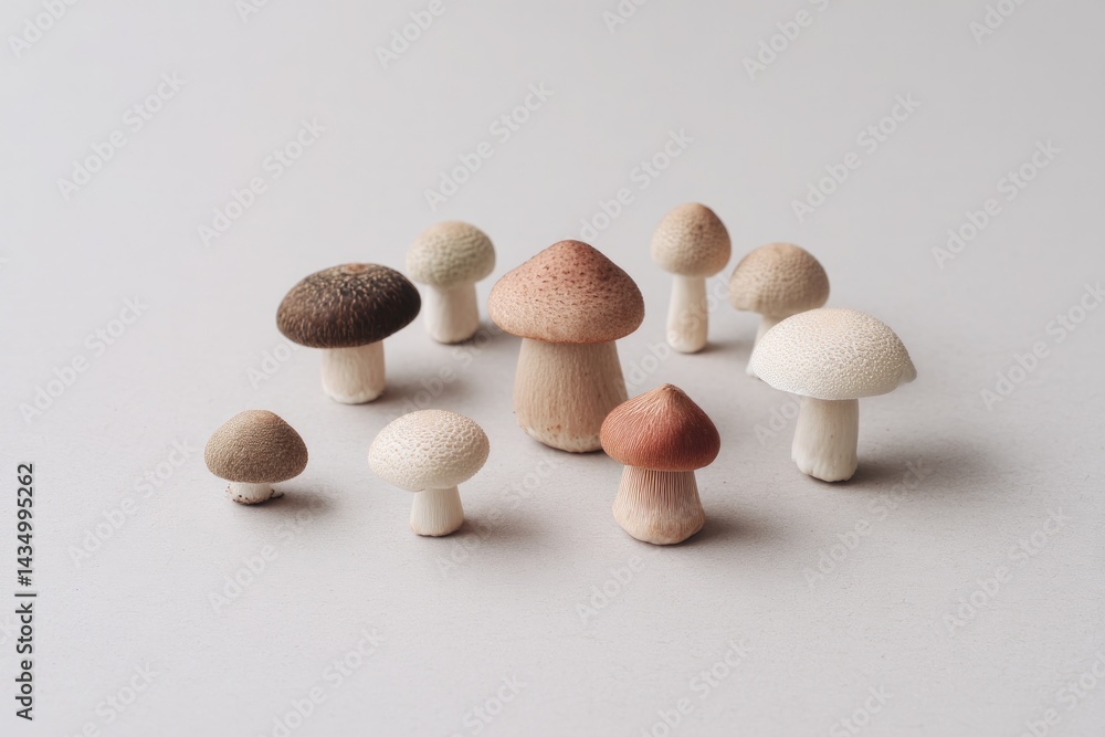 Poster minimalistic mushrooms of various types on simple clean background showcasing organic texture patter