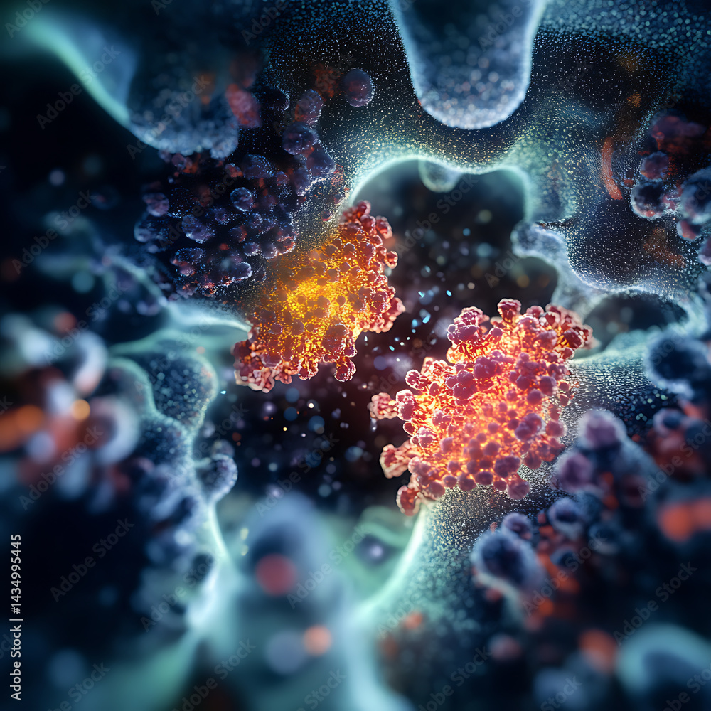 Poster virus interaction and replication under microscope laboratory scientific visualization close-up heal