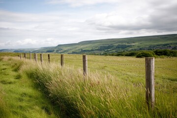minimalistic photo capturing rustic countryside life with wooden fence and green field stretching beyond