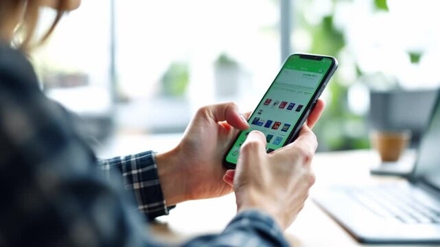 A close-up shot of a person's hands holding a smartphone, likely browsing an app or website.