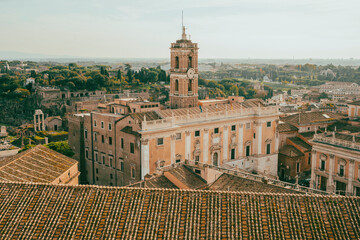 Obraz premium Senatorial Palace. 12th century municipal building on Roman foundations with a bell tower, Michelangelo elements. Rome, Italy