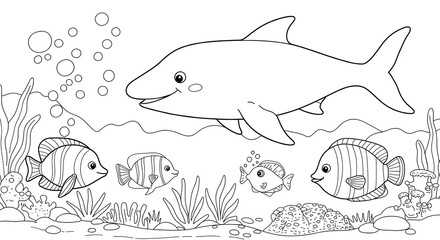Fototapeta premium sea underwater animals for kids outlined colouring page cute with white background