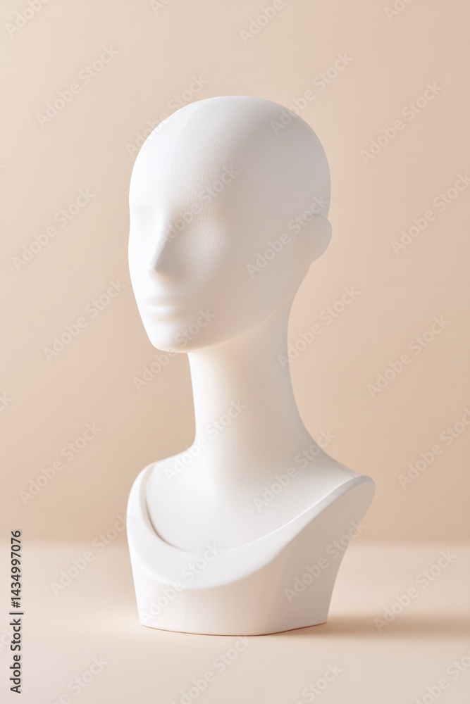 Poster minimalistic portrait of plain white mannequin symbolizing albinism on clean background with ample c