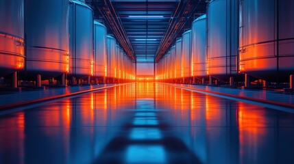 Obraz premium abstract view of industrial plant interior featuring shiny metal silos and reflections under artificial light creating futuristic atmosphere
