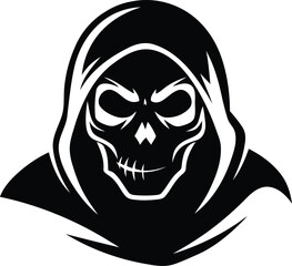 Creative and stylized skull character wearing a hood premium quality vector illustration, stylized skull character wearing a hood silhouette and black line art vector