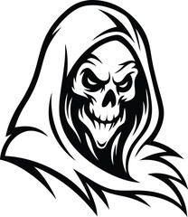 Creative and stylized skull character wearing a hood premium quality vector illustration, stylized skull character wearing a hood silhouette and black line art vector