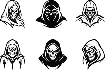 Creative and stylized skull character wearing a hood premium quality vector illustration set, stylized skull character wearing a hood silhouette and black line art vector