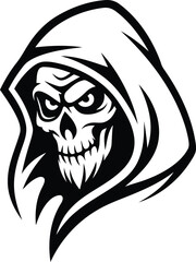 Creative and stylized skull character wearing a hood premium quality vector illustration, stylized skull character wearing a hood silhouette and black line art vector