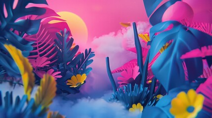 Colorful tropical scene with pink sky, yellow sun, and vibrant blue and pink plants