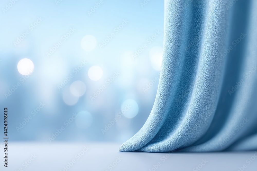 Poster minimalistic stage setup with draped curtains as background blurry audience in back for contrast