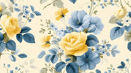 Vintage Floral Pattern with Pale Yellow Roses and Dusty Blue Flowers on Cream Background