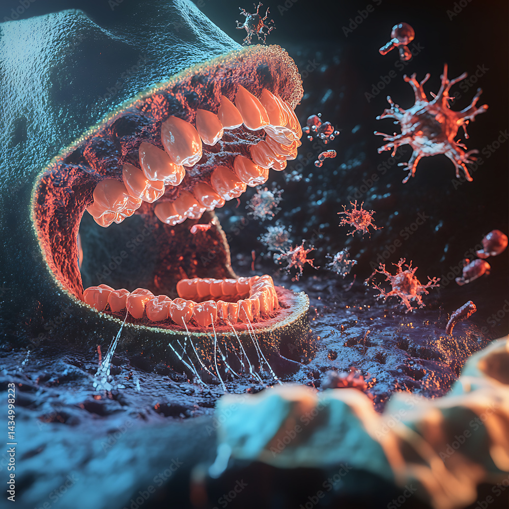 Poster virus interaction with oral bacteria in a microscopic environment science digital art close-up view 