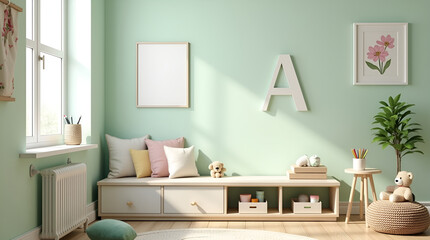 Minimalist Kids Room in Mint Green and Beige with Letter Cushions, Bookshelf, and Teddy Bears - Modern, Clutter-Free Design