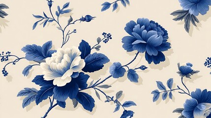 Vintage Navy and Ivory Floral Toile Pattern with Elegant Botanicals on a Subtle Background