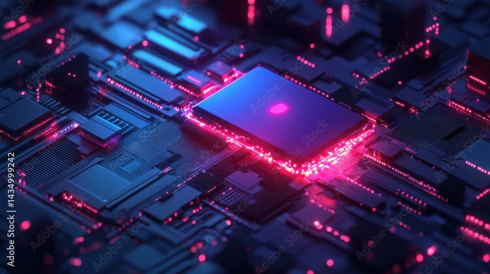 Poster a stunning close-up of a futuristic circuit board featuring a glowing processor surrounded by vibran