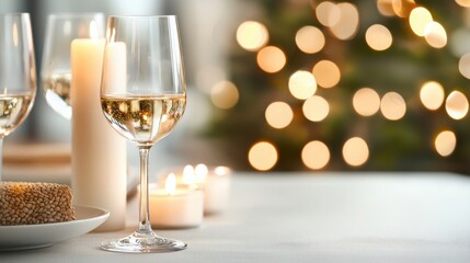 A beautifully arranged table setting featuring a glass of white wine, candles, and a festive atmosphere with soft bokeh lights in the background.