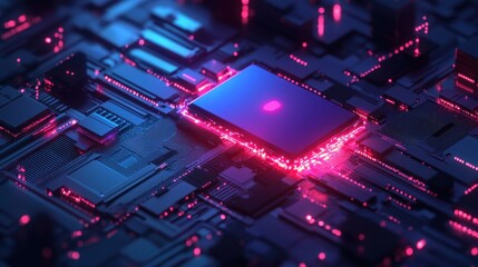 Fototapeta premium A stunning close-up of a futuristic circuit board featuring a glowing processor surrounded by vibrant neon lights. Ideal for technology-themed projects.