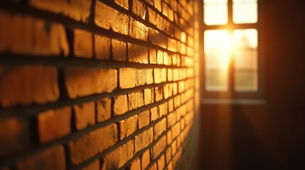 A warm sunset illuminates a textured brick wall beside a window, creating a serene and inviting atmosphere.