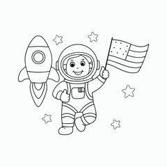 Smiling Cartoon Astronaut with American Flag – Black and White Coloring Book Illustration.