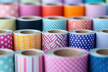 A vibrant collection of patterned washi tape rolls arranged neatly, showcasing a variety of colors and designs.