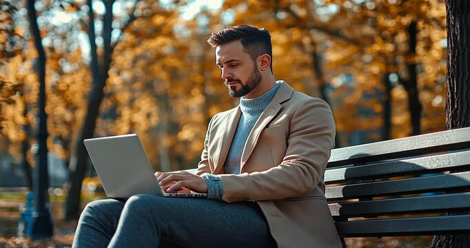 Man working on a laptop in a park surrounded by autumn foliage, showcasing productivity