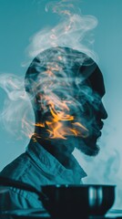 A silhouette of a person with smoke and flames swirling above their head, suggesting thoughts or creativity in a striking blue backdrop.