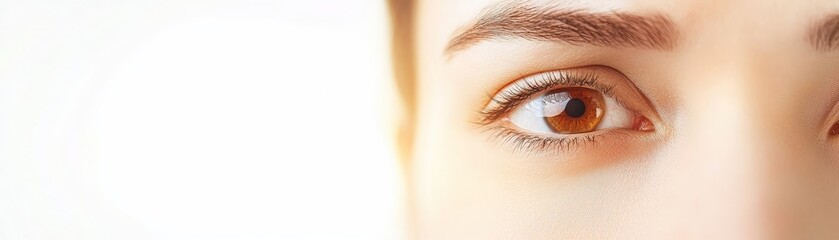 A close-up of a person's eye, showcasing detailed features, including eyelashes and brow, against a soft, light background.