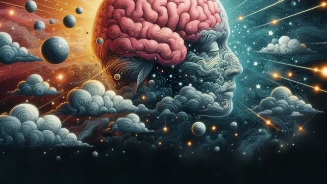 A surreal brain surrounded by colorful clouds, radiating psychedelic vision, neural awareness, and the connection between perception, thought, and the subconscious.
